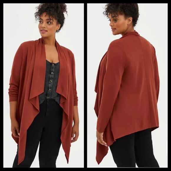 6X 30W Torrid Brown Ponte Drape Front Cardigan Sharkbite Hem Stretch Layering lo - Picture 1 of 10